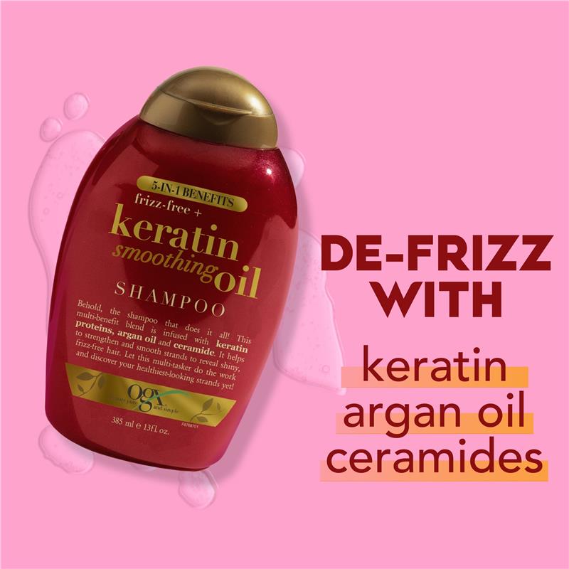 Load image into Gallery viewer, Ogx Frizz Free + Keratin Smoothing Oil 5 in 1 Benefits Shampoo For Frizzy Hair 385mL

