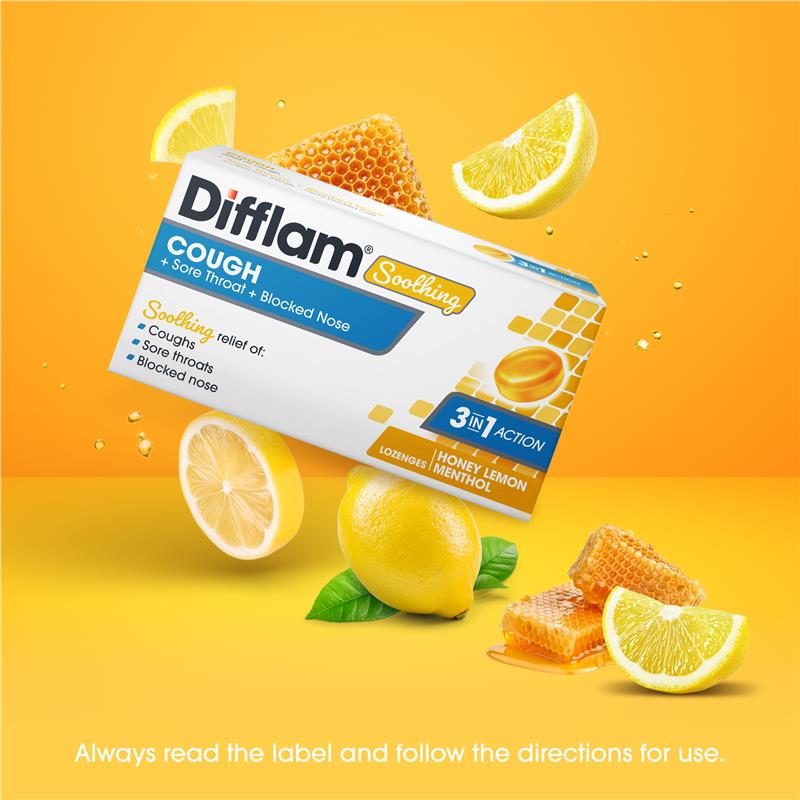 Load image into Gallery viewer, Difflam Soothing Cough + Sore Throat + Blocked Nose Honey Lemon 32 Lozenges
