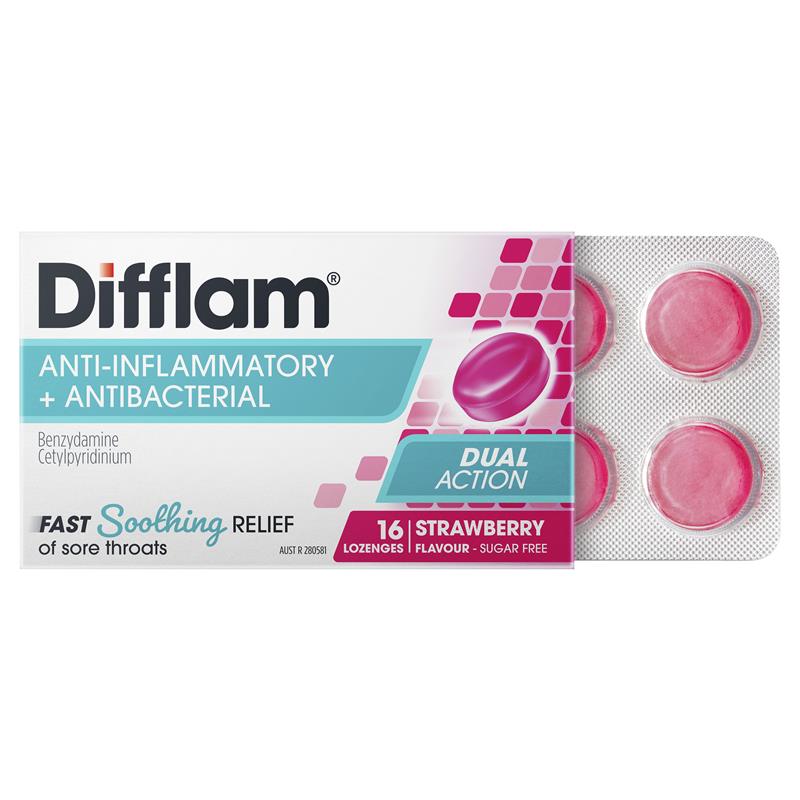 Load image into Gallery viewer, Difflam Sore Throat Sugar Free Strawberry 16 Lozenges
