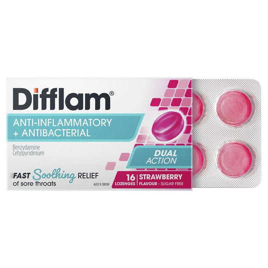 Difflam Sore Throat Sugar Free Strawberry 16 Lozenges