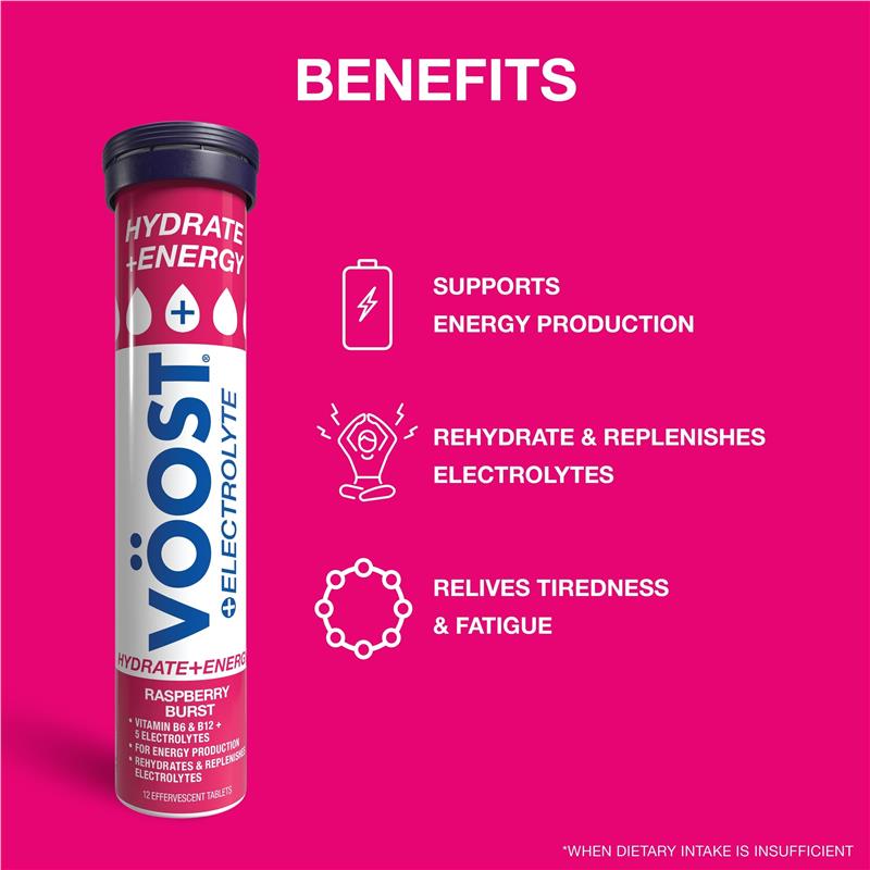 Load image into Gallery viewer, Voost Hydrate + Energy Raspberry Burst Effervescent Tablets 36 Pack
