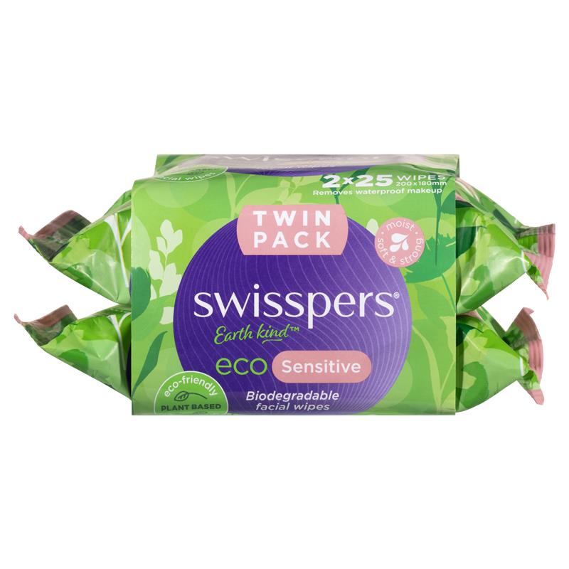 Load image into Gallery viewer, Swisspers Eco Sensitive Biodegradable Facial Wipes Twin Pack 2 x 25 Wipes
