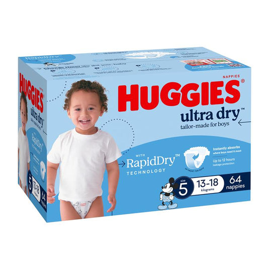 Huggies Ultra Dry Nappies Boy Size 5 Jumbo 64 Pack