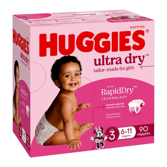 Huggies Ultra Dry Nappies Girl Size 3 Jumbo 90 Pack
