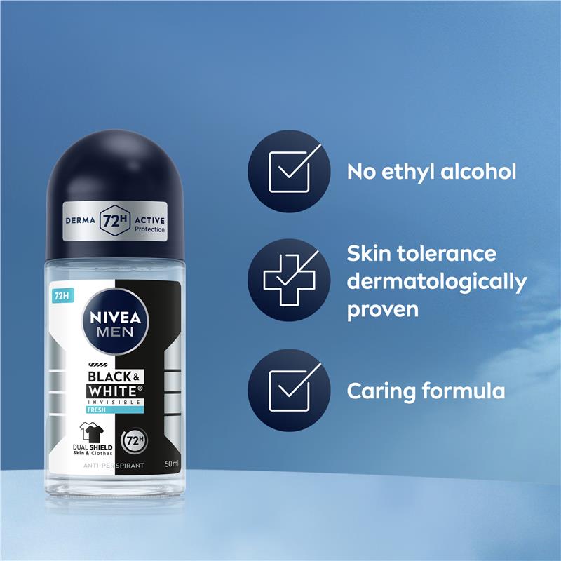Load image into Gallery viewer, NIVEA MEN Black &amp; White Fresh Roll On Deodorant 72H Protection 50ml
