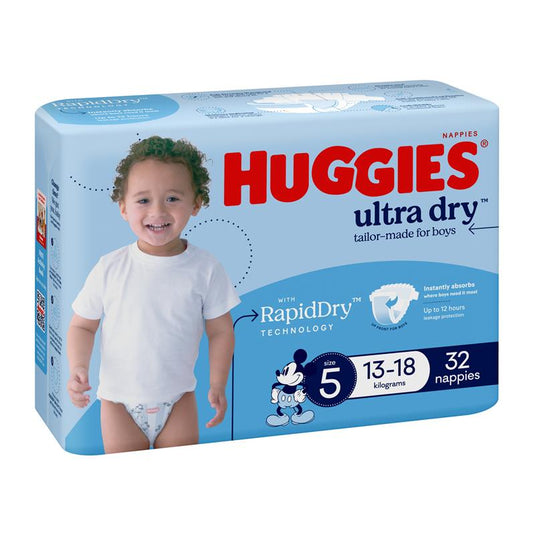 Huggies Ultra Dry Nappies Size 5 Boy 13-18kg Bulk 32 Pack