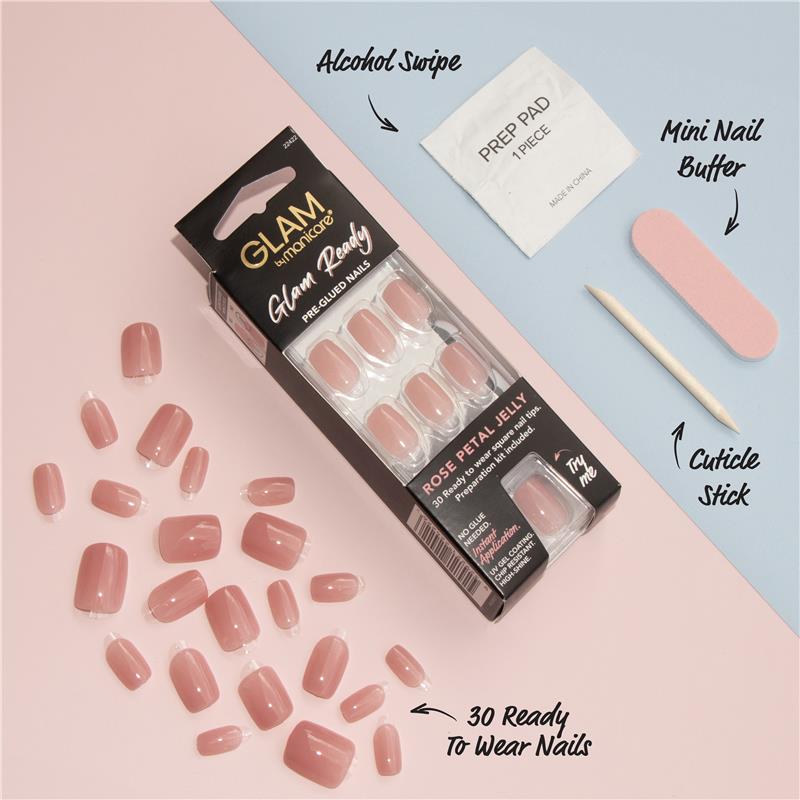 Load image into Gallery viewer, Glam By Manicare Glam Ready Pre-Glued Nails Rose Petal Jelly 30 Pieces
