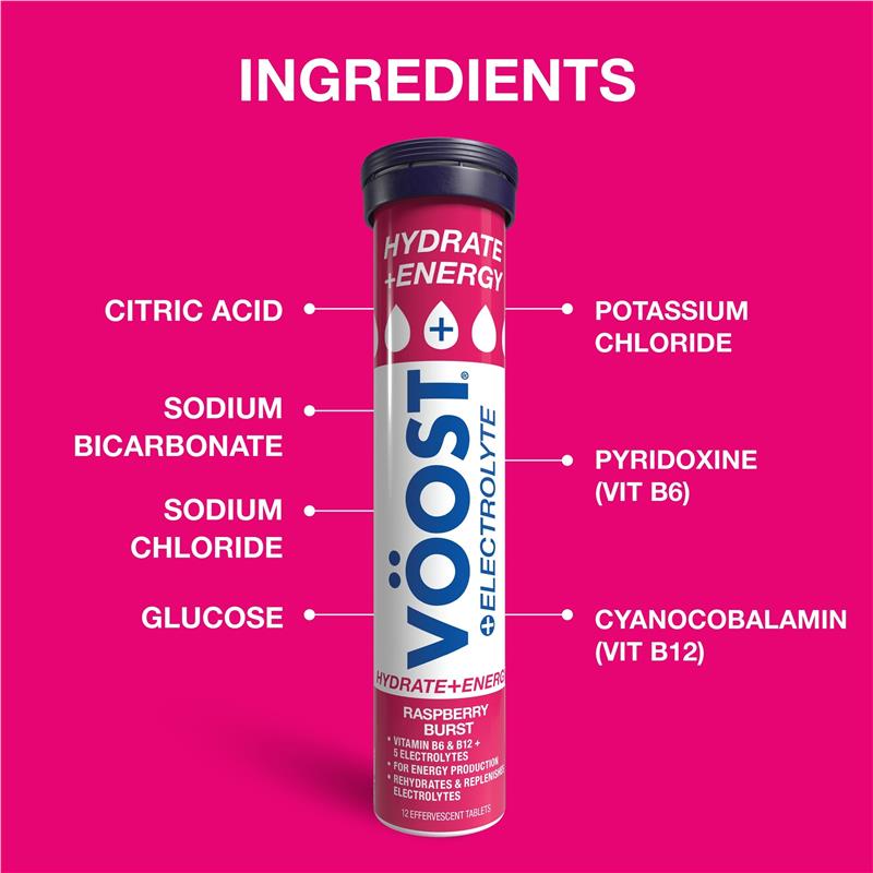 Load image into Gallery viewer, Voost Hydrate + Energy Raspberry Burst Effervescent Tablets 36 Pack
