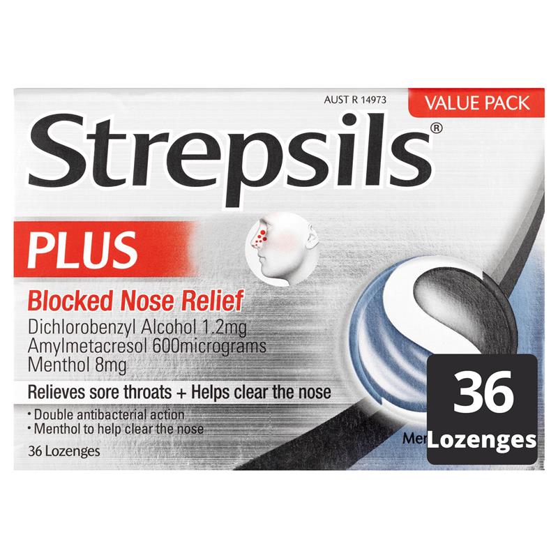 Load image into Gallery viewer, Strepsils Plus Blocked Nose Relief Throat Lozenges Menthol Eucalyptus 36 Pack
