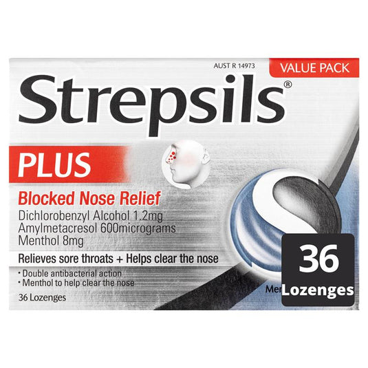 Strepsils Plus Blocked Nose Relief Throat Lozenges Menthol Eucalyptus 36 Pack