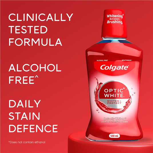 Colgate Optic White Teeth Whitening Mouthwash with Optic Brightener, Alcohol Free 500mL