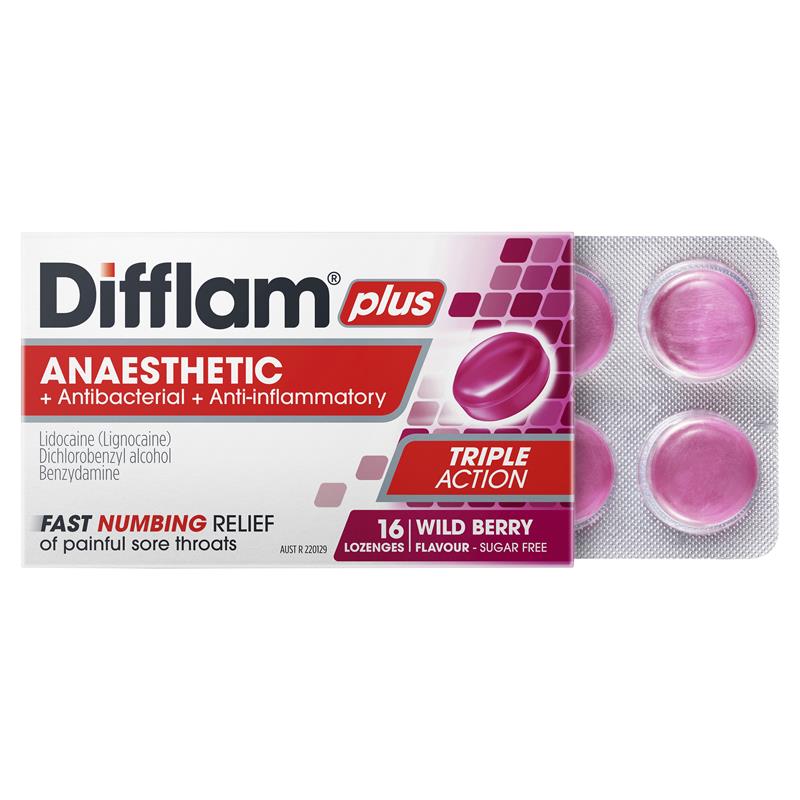 Load image into Gallery viewer, Difflam Plus Anaesthetic Sugar Free Wild Berry 16 Lozenges
