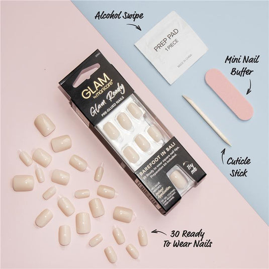 Glam By Manicare Glam Ready Pre-Glued Nails Barefoot In Bail 30 Pieces