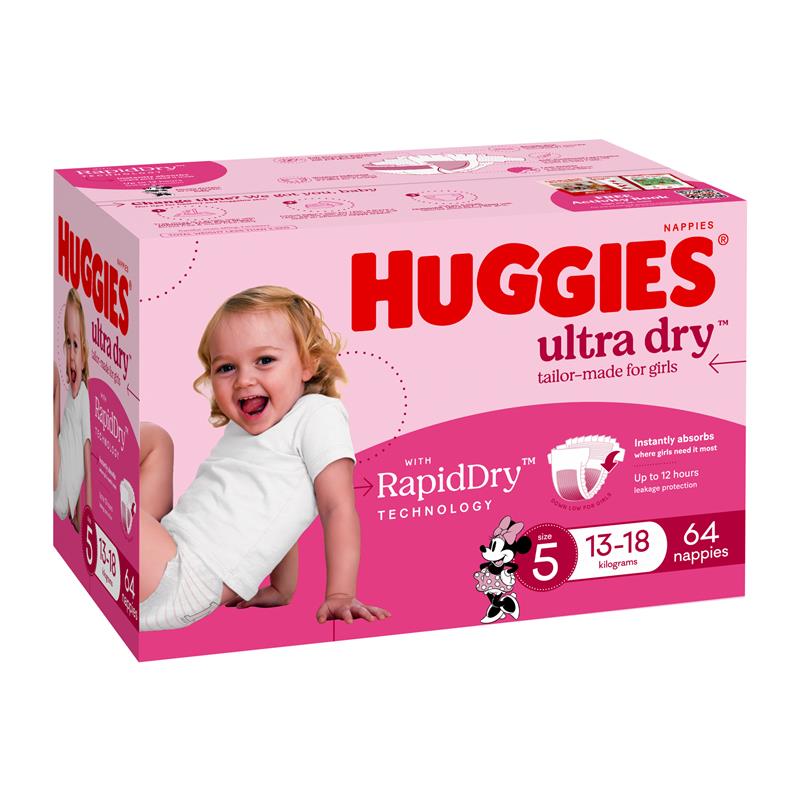 Load image into Gallery viewer, Huggies Ultra Dry Nappies Girl Size 5 Jumbo 64 Pack
