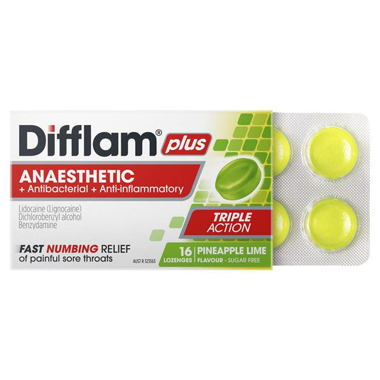 Difflam Plus Anaesthetic Sugar Free Pineapple & Lime 16 Lozenges