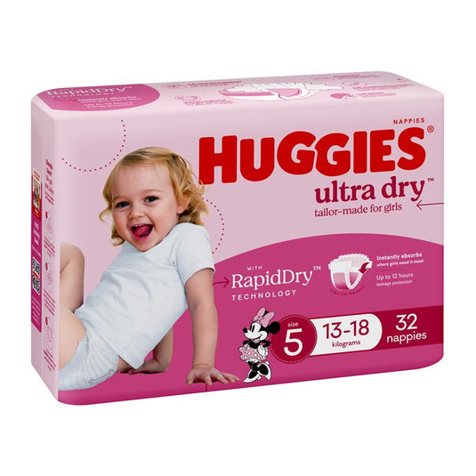 Huggies Ultra Dry Nappies Size 5 Girl 13-18kg Bulk 32 Pack