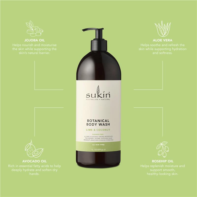 Load image into Gallery viewer, Sukin Botanical Body Wash Lime &amp; Coconut 1 Litre Pump
