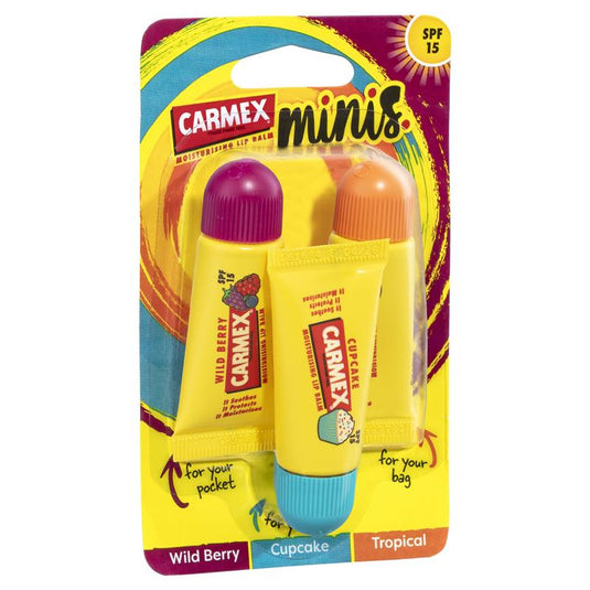 Carmex Lip Balm Squeeze Tube Minis Wild Berry Cupcake & Tropical 3 Pack