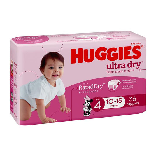 Huggies Ultra Dry Nappies Size 4 Girl 10-15kg Bulk 36 Pack