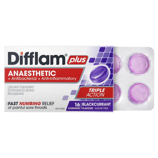 Difflam Plus Anaesthetic Sugar Free Blackcurrant 16 Lozenges