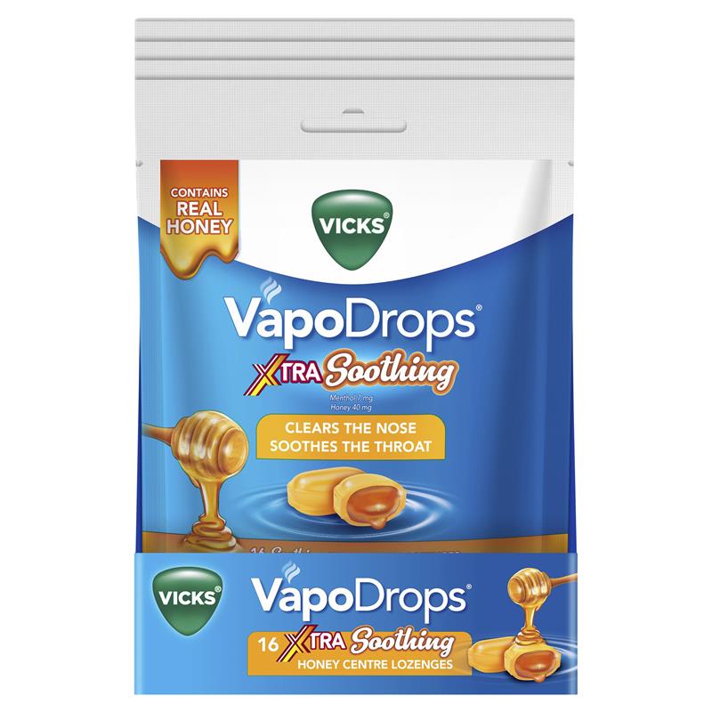 Load image into Gallery viewer, Vicks VapoDrops Xtra Soothing Honey Centre Lozenges 16 Pack
