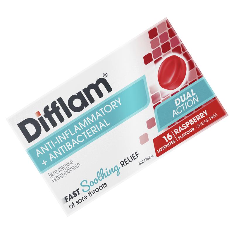 Load image into Gallery viewer, Difflam Sore Throat Sugar Free Raspberry 16 Lozenges
