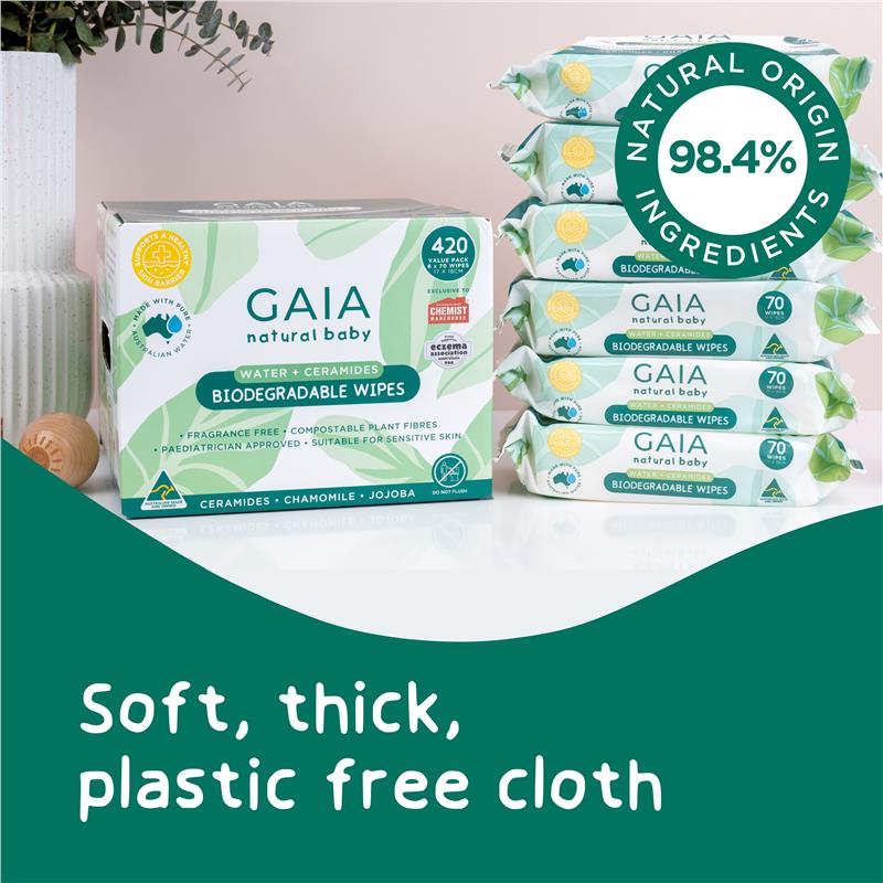 Load image into Gallery viewer, GAIA Biodegradable Water Wipes 6 x 70 Pack Exclusive Size
