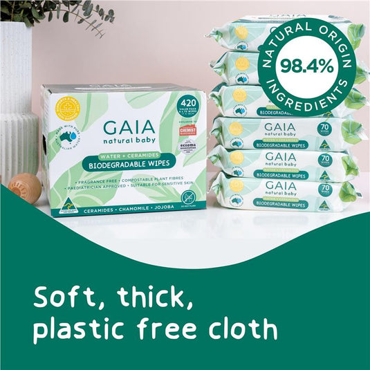 GAIA Biodegradable Water Wipes 6 x 70 Pack Exclusive Size