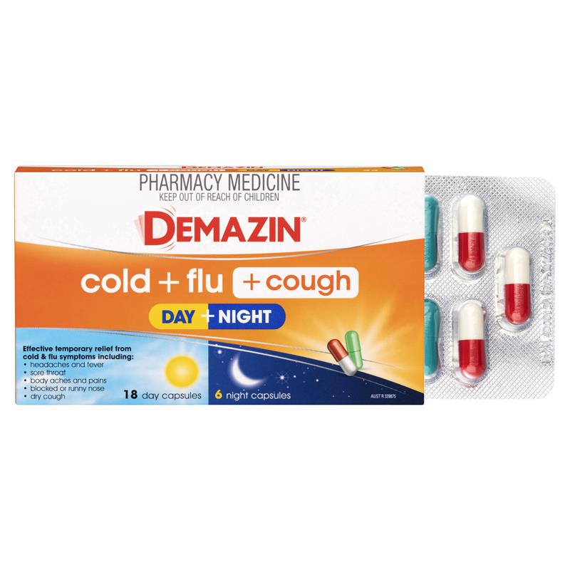 Load image into Gallery viewer, Demazin Cold + Flu + Cough Day + Night 24 Capsules
