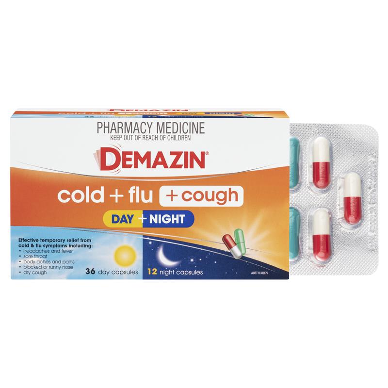 Load image into Gallery viewer, Demazin Cold + Flu + Cough Day + Night 48 Capsules
