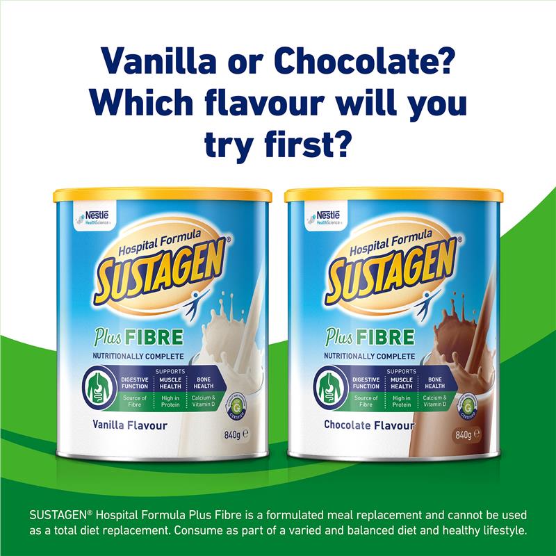 Load image into Gallery viewer, Sustagen Hospital Formula + Fibre Nutritional Supplement Chocolate Flavour 840g
