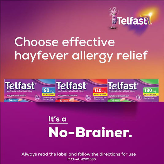 Telfast Hayfever Allergy Relief 180mg Antihistamine Tablets Non-Drowsy - 10 Pack