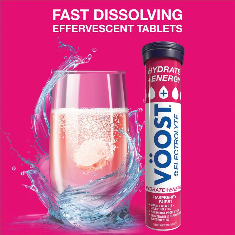 Load image into Gallery viewer, Voost Hydrate + Energy Raspberry Burst Effervescent Tablets 36 Pack
