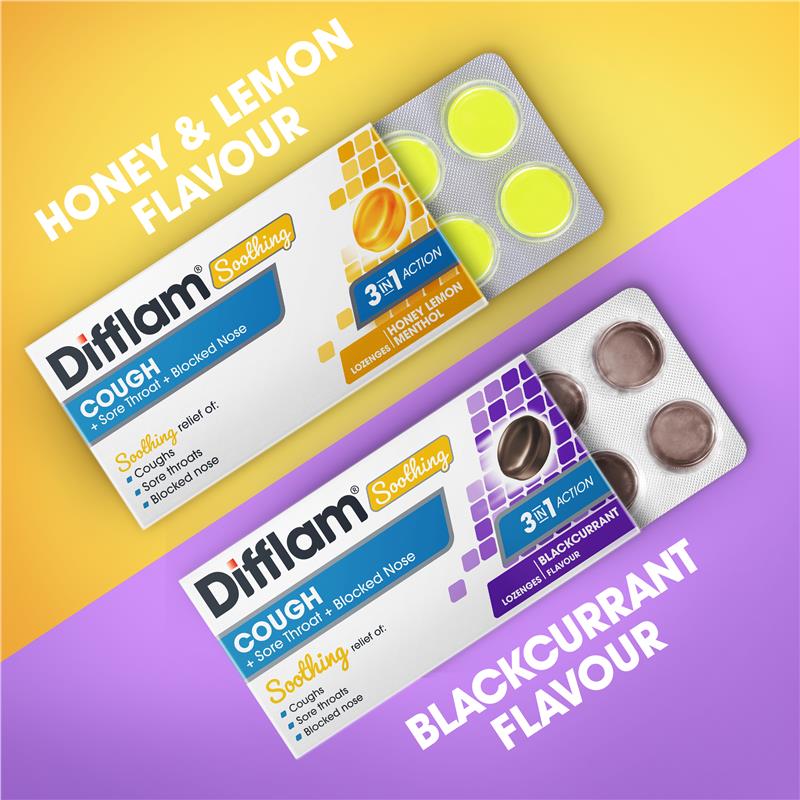 Load image into Gallery viewer, Difflam Soothing Cough + Sore Throat + Blocked Nose Honey Lemon 32 Lozenges

