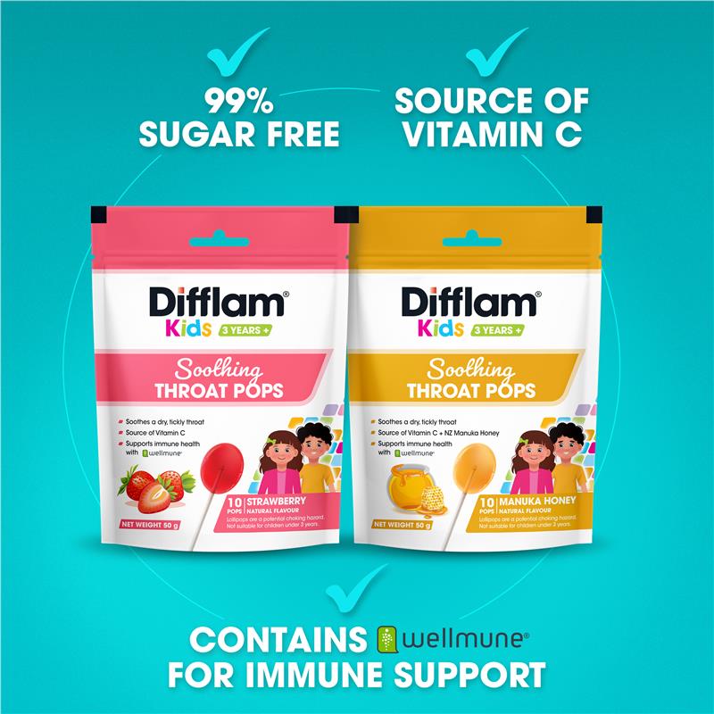 Load image into Gallery viewer, Difflam Soothing Throat Pops Strawberry 10 pack
