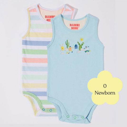 Bambi Mini Co. Supersinglet Bodysuit 0 Newborn Crystal Blue and Stripes 2 Pack