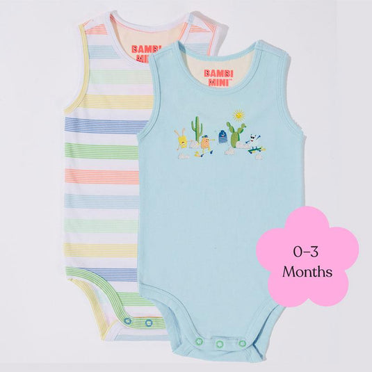 Bambi Mini Co. Supersinglet Bodysuit 0-3 Months Crystal Blue and Stripes  2 Pack