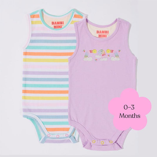 Bambi Mini Co. Supersinglet Bodysuit 0-3 Months Orchid Bloom and Multi Stripe 2 Pack