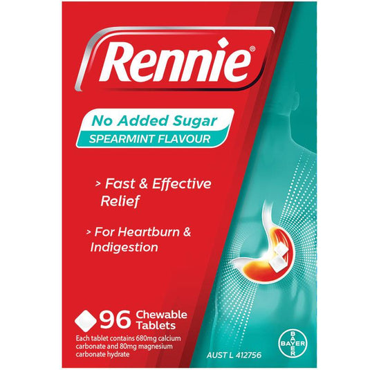 Rennie No Added Sugar Indigestion and Heartburn Relief Spearmint 96 Chewable Tablets