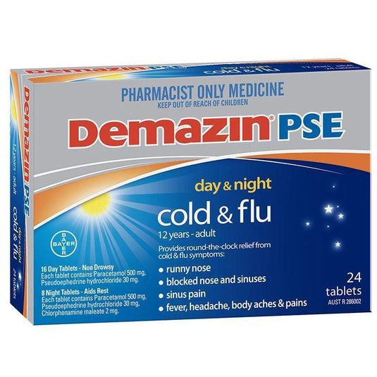 Demazin Original Cold and Flu Relief Day & Night (500/30 + 500/30/2) Tablets 24 - Paracetamol + Pseudoephedrine + Chlorphenamine (S3)