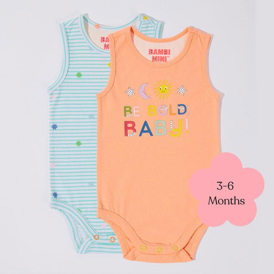 Bambi Mini Co. Supersinglet Bodysuit 3-6 Months Salmon and Beach Glass stripes 2 Pack