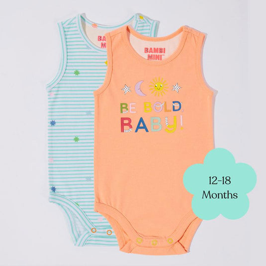 Bambi Mini Co. Supersinglet Bodysuit 12-18 Months Salmon and Beach Glass stripes 2 Pack