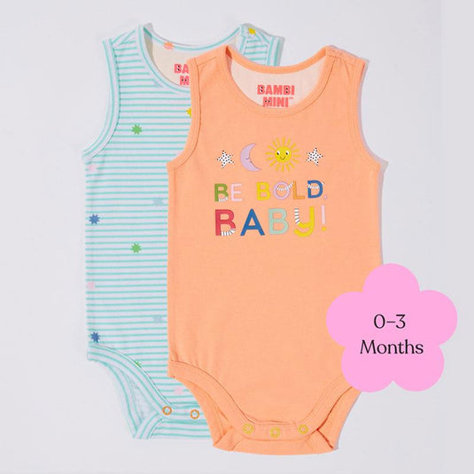 Bambi Mini Co. Supersinglet Bodysuit 0-3 Months Salmon and Beach Glass stripes 2 Pack