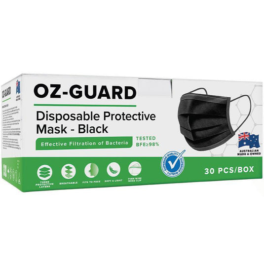 Oz Guard Disposable Black Face Masks 30 Pack - Made In Australia