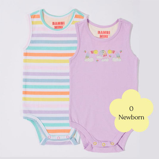 Bambi Mini Co. Supersinglet Bodysuit 0 Newborn Orchid Bloom and Multi Stripe 2 Pack