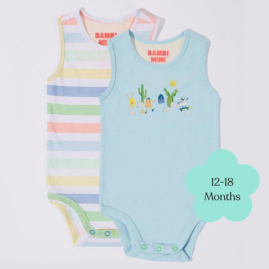 Bambi Mini Co. Supersinglet Bodysuit 12-18 Months Crystal Blue and Stripes 2 Pack