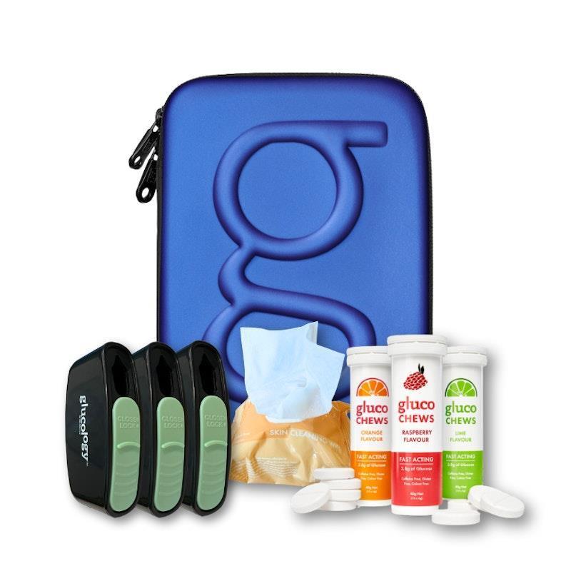 Load image into Gallery viewer, Glucology Blue Plus Case + 3 Tubes of Fast Acting Glucochews + 3 Sharps Bins + 1 x 20 Pack Alcohol Free Wipes Bundle
