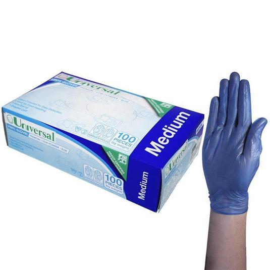 Universal Vinyl Gloves Low Powder Blue Medium 100 Pieces/Box