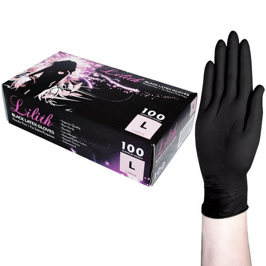 Lilith Salon Latex Gloves Powder Free Black Large 100 Pieces/Box