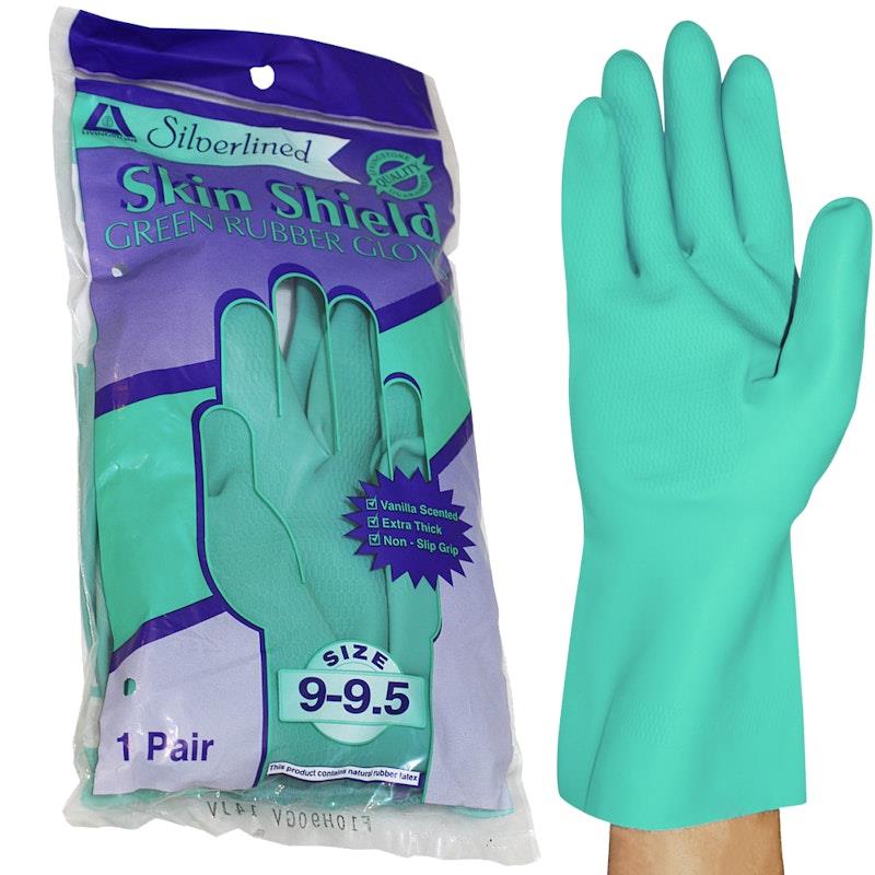 Load image into Gallery viewer, Skin Shield Silver Lined Natural Rubber Gloves Vanilla Scented Pair Green Size 9-9.5
